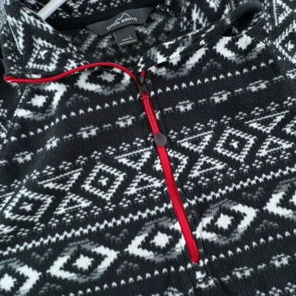 Eddie Bauer Women’s White Black Fair Isle Large Pullover 1/4 Zip Fleece Sweater - Picture 7 of 11
